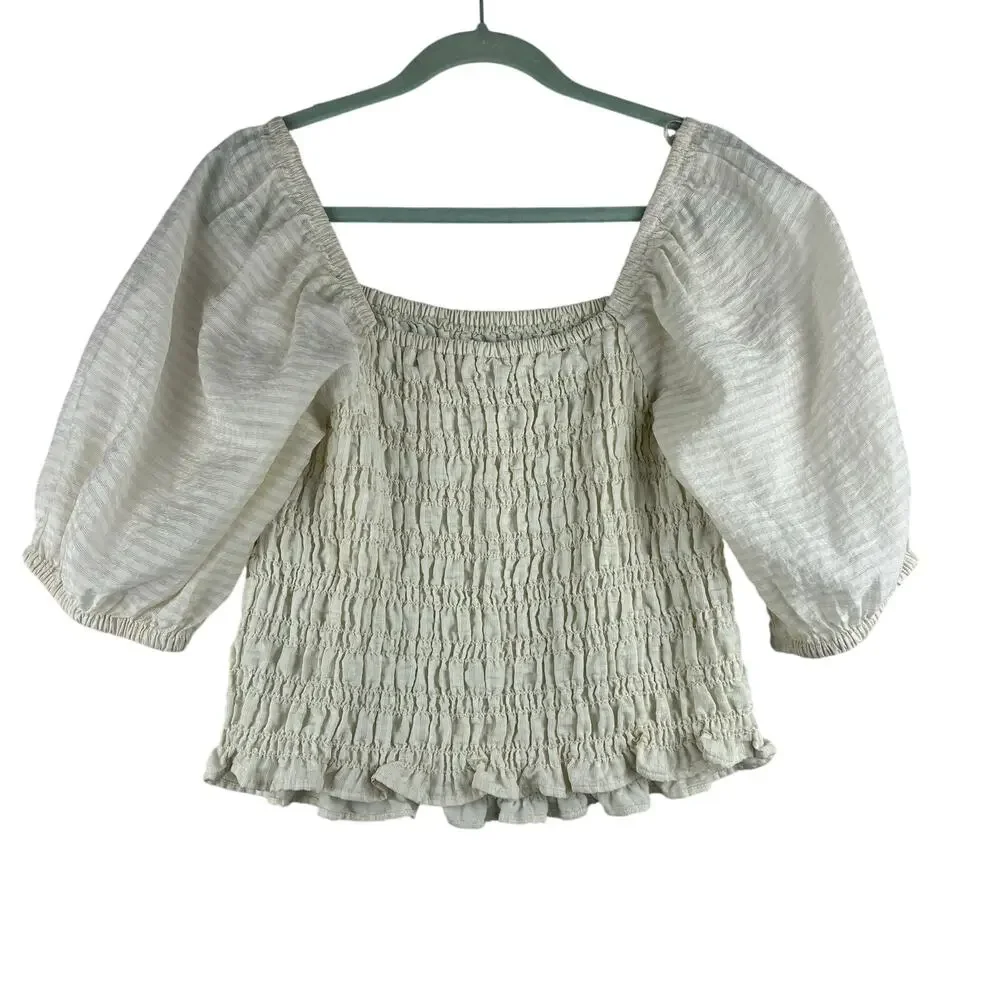 Old Navy All Over Smocking Puff Slv Crop Boho Cottage Blouse Womens Medium Ivory